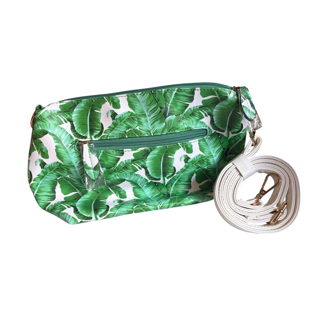 IWM Banana Leaf Print Green Tropical Palm Clutch White Strap 11.5" W X 7" tall - Picture 4 of 8